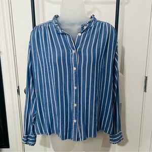 LOFT Blue and White Striped Button Down Shirt